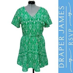 Draper James RSVP Short Sleeve Embroidered Dress V-Neck Lined Green Tie Sz: XL
